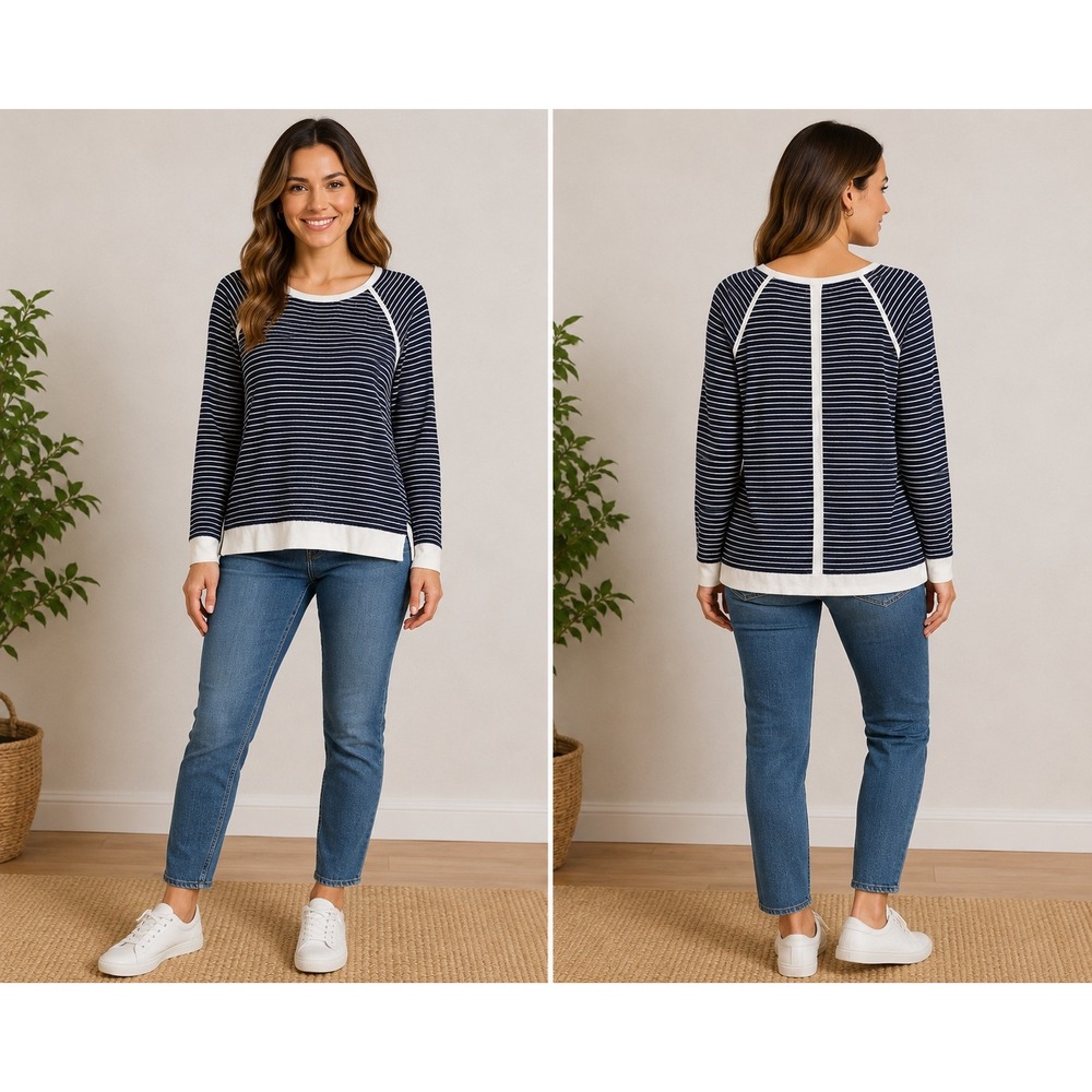 ETC Womens Navy White Striped Cotton Knit Raglan Sweater Split Hem Size M